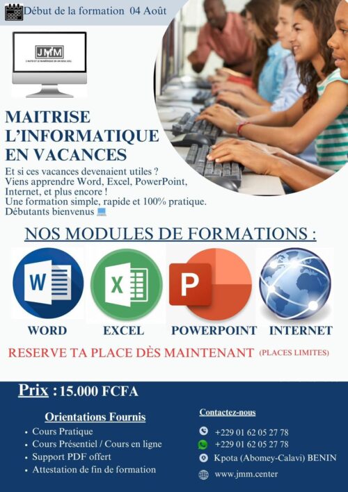 🎓 Maîtrise de l’Informatique en Vacances – Formation 100% Pratique (Word, Excel, PowerPoint, Internet)